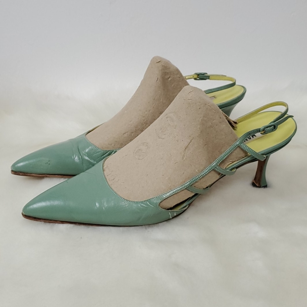 Manolo Blahnik green sling back shoes leather heel size 38 - Picture 11 of 14